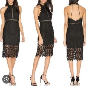 Bardot Black Lace Halter Midi Dress with Sheer Lace Hem